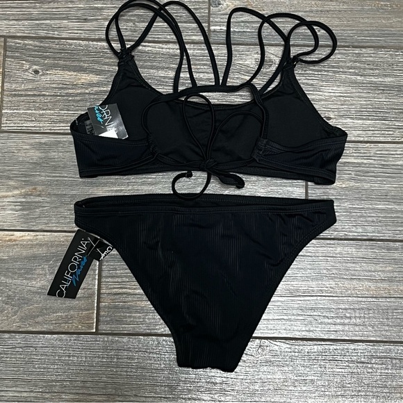 NWT California Waves Bikini Set Junior's Small OR Medium Black Ribbed Strappy - Picture 6 of 16